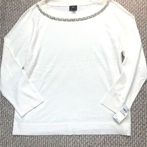 JM Collection White Boatneck Sweater with Crystal Trim